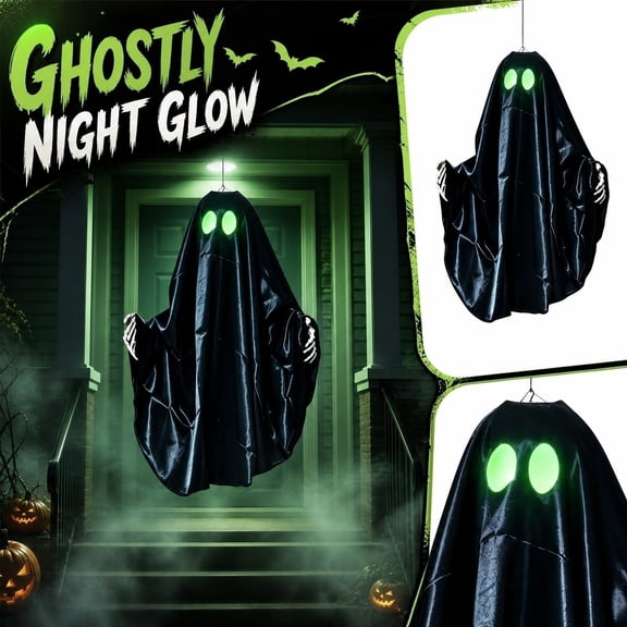 Halloween Decorations, Black Halloween Decor, Outdoor Hanging Decor, Ghost Decorations, 28X6 Inch Suspended Black Ghost with Glowing Green Eyes, Skeleton Hands, Flexible Wrinkle