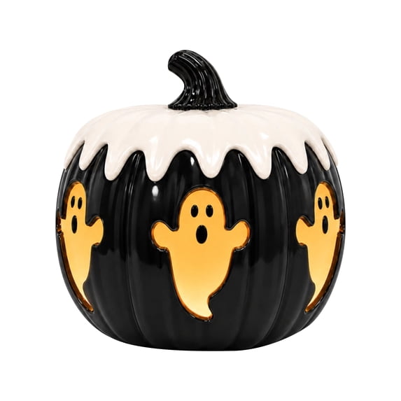 Halloween Decorations Black Pumpkin Ghost Lamp, Glossy Tabletop Halloween Decor with Orange Ghost Designs, Dripping Cream Top and Curved Stem for Indoor Home Display