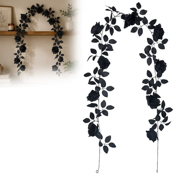 Halloween Decorations Black Rose Garland, 26 Branches Artificial Flower Vine with Black Roses for Gothic Home Decor, Fireplace Mantel, and Dark Romance Party, D
