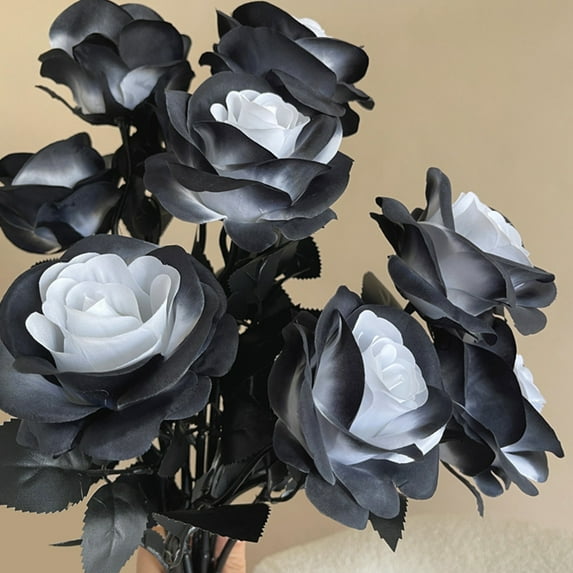 Halloween Decorations Black and White Roses Artificial Flowers with Stems Real Touch Fake Rose Artificial Flowers for Valentine's Day Wedding Centerpieces Party Table Decoration