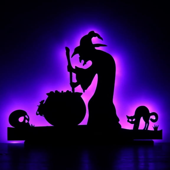 Halloween Decorations, Black Wooden Witch Tabletop Decoration Sign with Lights, for Halloween Home Farmhouse Indoor Party Decor.