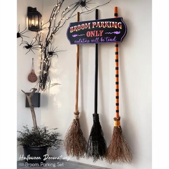 Halloween Decorations - Broom Parking Sign with 3 Wooden Witches Brooms | Hocus Pocus Decor, Halloween Decor, Front Porch Wall Decoration, For Indoor Outdoor Home Office Party