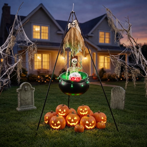 Halloween Decorations Bundle - 130cm/51.2" Tall Witches Cauldron, 3pcs Hanging Ghosts, 60cm Skeleton, Skull Ornament, 3 Ground Stakes, 4 Hooks - Indoor Outdoor Yard Porch Lawn Party Supplies