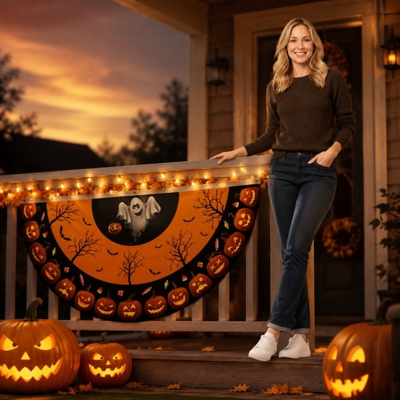 Halloween Decorations Bunting Flags Outdoor 1.5 x 3 FT, Pumpkin Ghost Bunting Flag, Happy Halloween Half Fan Flag with Grommets for Holiday Indoor Outdoor Yard Party Decor