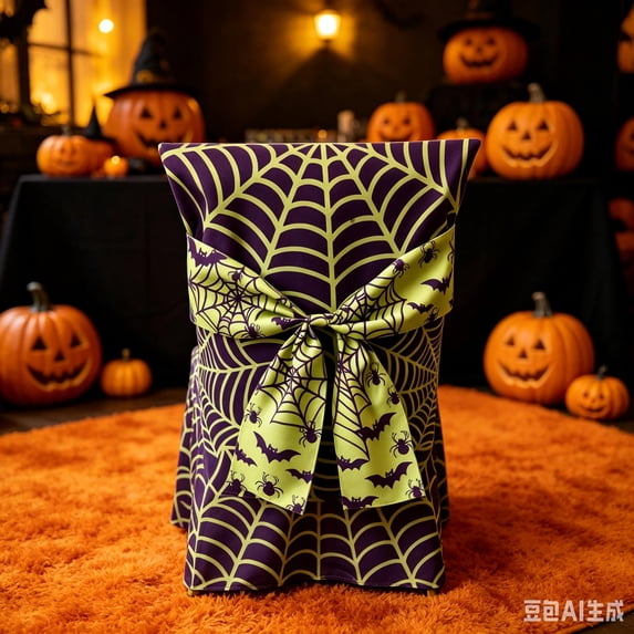 Halloween Decorations Chair Cover with Large Bow, 1 Pack Spooky Print Stretch Dining Chair Slipcover, Removable Chair Protector for Halloween Dinner Party Table Decor