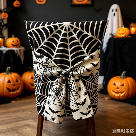 Halloween Decorations Chair Cover with Large Bow, 1 Pack Spooky Print Stretch Dining Chair Slipcover, Removable Chair Protector for Halloween Dinner Party Table Decor