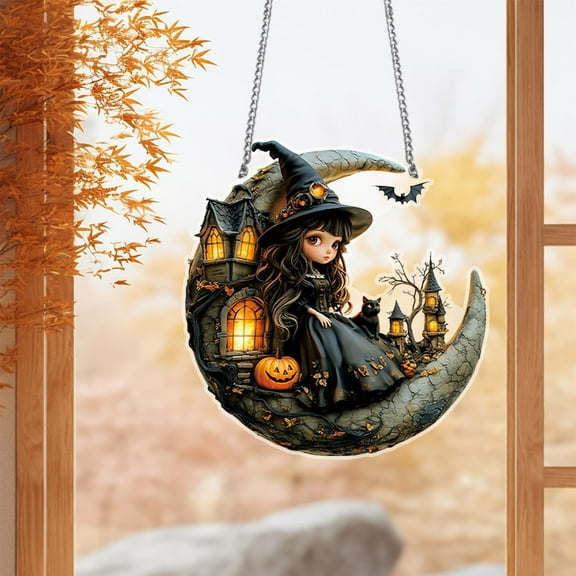 Beautiful Witch Suncatcher Ornament,Halloween Window Decorations,Acrylic Crystal Pendant for Wall or Window Decoration(7.87 in)