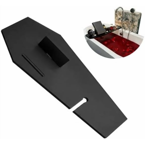 Halloween Decorations Coffin Bath Tray Gothic Coffin Serving Tray with Tablet Stand Spooky Goth Bathtub Caddy Black Wood Bath Board for Halloween Home Decor Bathroom Accessories