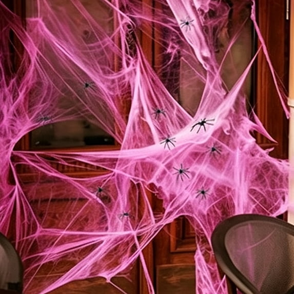 Halloween Decorations Cotton Spider Webs, 80g Halloween Cotton Spider Webs Pink with 20 Black Spiders, Stretchable Cotton Spider Webbing Halloween Spider Web Decor for Indoor Outdoor Party Decor
