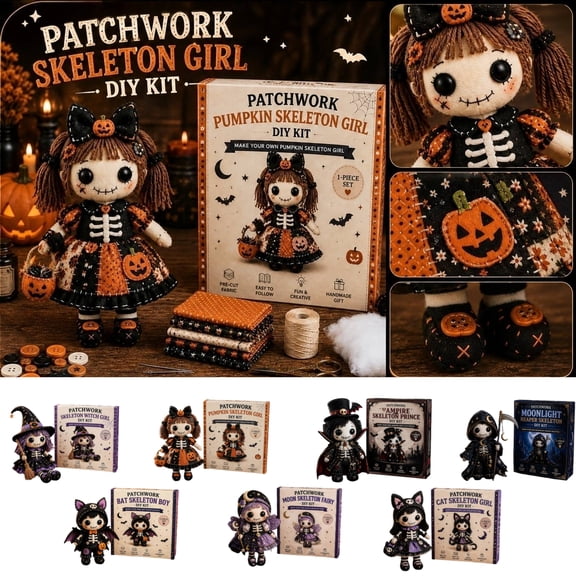 Halloween Decorations, Craft Kit, Skeleton Halloween Decor, Halloween Pumpkin Decor, Fun Creative Patchwork Skeleton Witch Girl Hand Sewing Diy Project, 8X5X1 Inch, All Inclusive