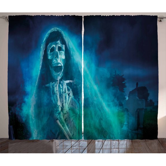 Ambesonne Halloween Curtains 2 Panel Set, Gothic Ghost, 108" x 90", Blue