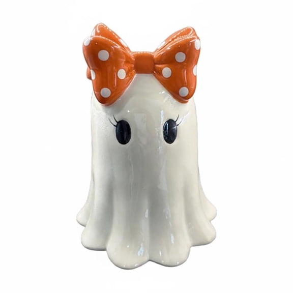 Halloween Decorations Cute Ceramic Ghost Statues 1pc, Whimsigoth Gothic Figurines with Polka Dot Bows for Tabletop Shelf Desk Home Decor