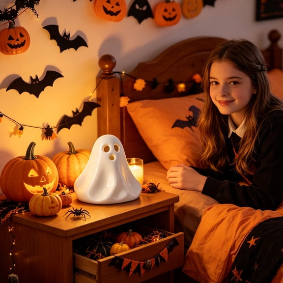 Halloween Decorations, Cute Ghost Decor, Indoor Halloween Table Decorations, Halloween Ghost Decor, 1 Pack White Ceramic Spooky Ghost Small Figurine for Table Desk Tiered Tray