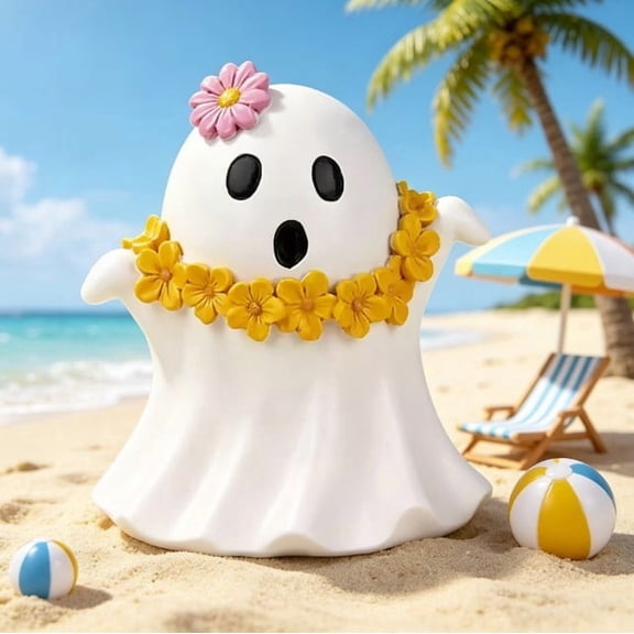 Halloween Decorations Cute Ghost Figurine with Flower Garland 5 Inch White Yellow Halloween Decor for Shelf Desk Mantel Tabletop