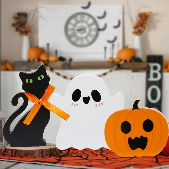 Halloween Decorations Cute Ghost Tiered Tray Indoor Halloween Tabletop Decor Table Wooden Signs Table Centerpieces Rustic Farmhouse Indoor Decorations for Halloween Fall Party Home Kitchen