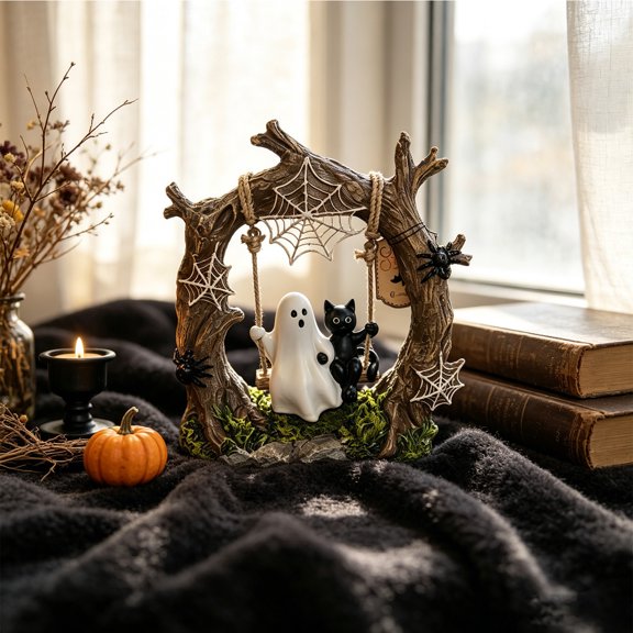 Halloween Decorations, Cute Halloween Decor, Halloween Table Decor with Swinging Ghost on Tree, Spooky Ghost Figurine for Day of the Dead Home Display