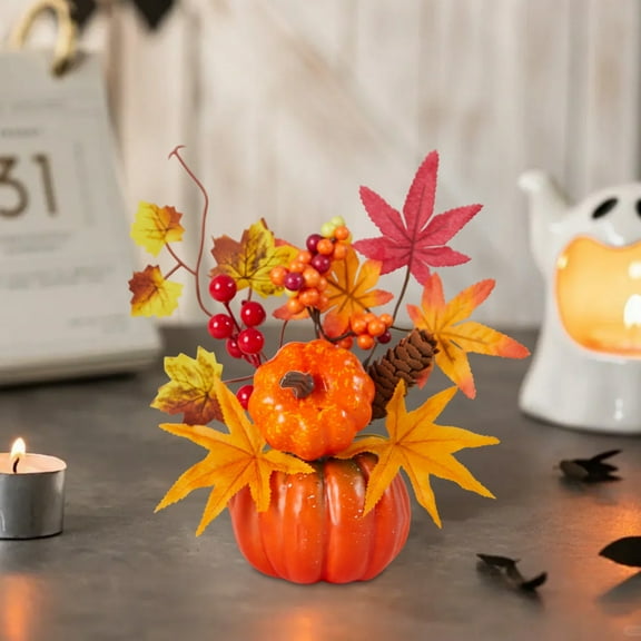 Halloween Decorations Fall Decor Artificial Maple Leaves Fall Maple Leaves Stems Autumn Leaves with Pumpkins Fake Autumn Bouquet for Thanksgiving Day Harvest Festival Home Indoor Decorations
