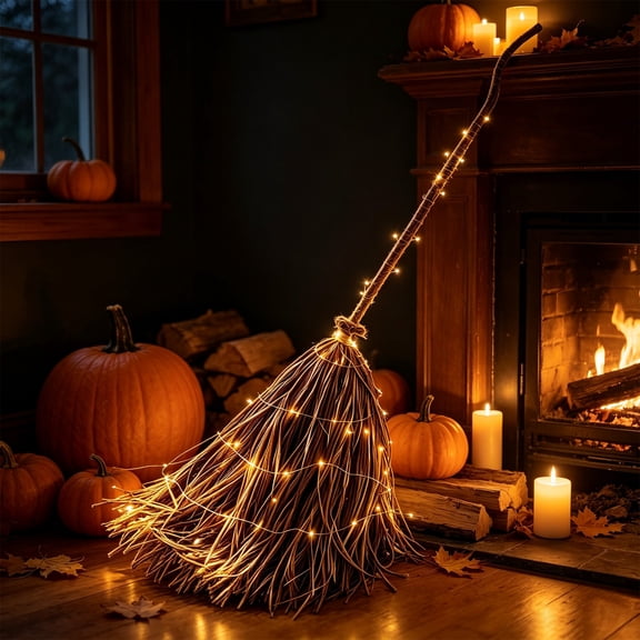 Halloween Decorations - Fall Decor - Giant Lighted Witch Broom, Handmade Real Twig Witches Broom with String Lights, Rustic Indoor Outdoor Halloween Decor for Porch, Yard, Front Door