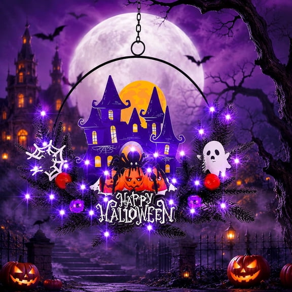 Halloween Decorations Fall Lit Ghost Wreath Twinkling Pumpkins for Front Door Light Up Haunted House Wreath with Bats and Pumpkin Lights, Battery Operated Hanging Decor Window Indoor (Spider Wreath)