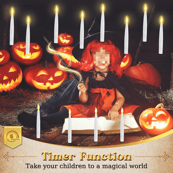 Halloween Decorations - Floating Candles with Wand & 6-Hour Timer - Flameless LED Hanging Candles with Clip, Battery Operated Window Taper Candle for Indoor/Outdoor Halloween & Holiday Decor 12PCS