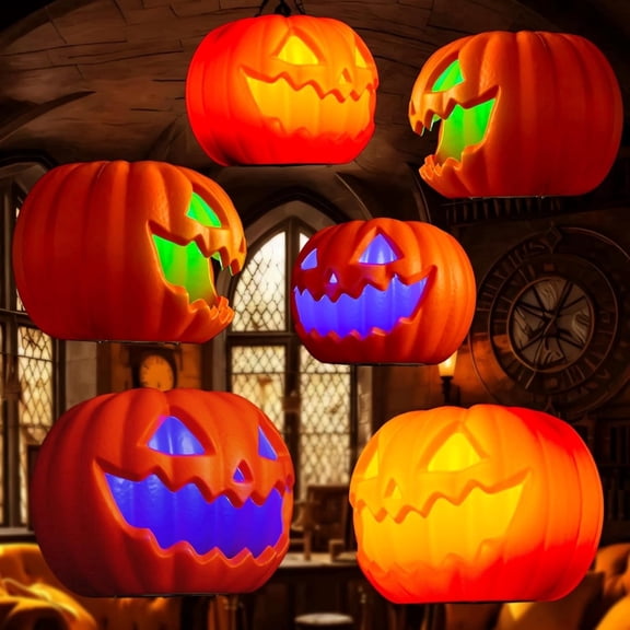 Halloween Decorations Floating Pumpkin Lights, Led Flameless Hanging Pumpkin Head Lantern with Timer, 3 Color Light, 2 Lighting Modes, Remote, Lamp Decor for Home, Indoor, Outdoor, Yard (6 Pack)