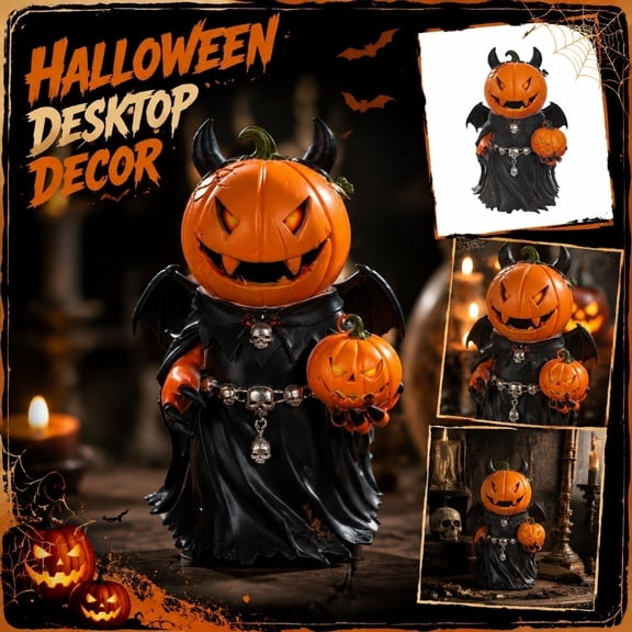 Halloween Decorations Fun Pumpkin Man Resin Figurine, Horned Vampire Pumpkin Statue with Mini Pumpkin for Halloween Tiered Tray Tabletop Home Decor 3.93 Inch