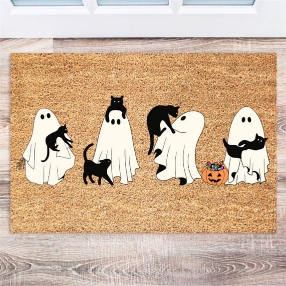 Halloween Decorations-Ghost Black Cat Coir Doormat,23.62×15.74in Pumpkin Pattern Absorbent Front Door Mat,Non-Slip Rug for Indoor Entryway Porch Fall Home Decor Outdoor Rug for Halloween Supplies