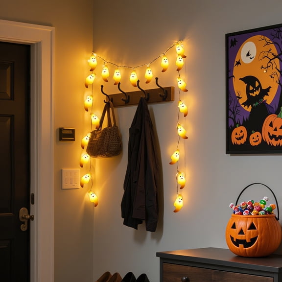 Halloween Decorations Ghost Decor 9.84ft 20 LED Smiling Ghost String Lights Warm White Flexible Copper Wire Light Garland, Spooky Ambient Lighting for Indoor Window Wall Mantle Halloween Party Decor