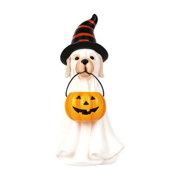 Halloween Decorations, Ghost Dog Figurine with Pumpkin, Dog Halloween Ceramic Decor for Halloween Party