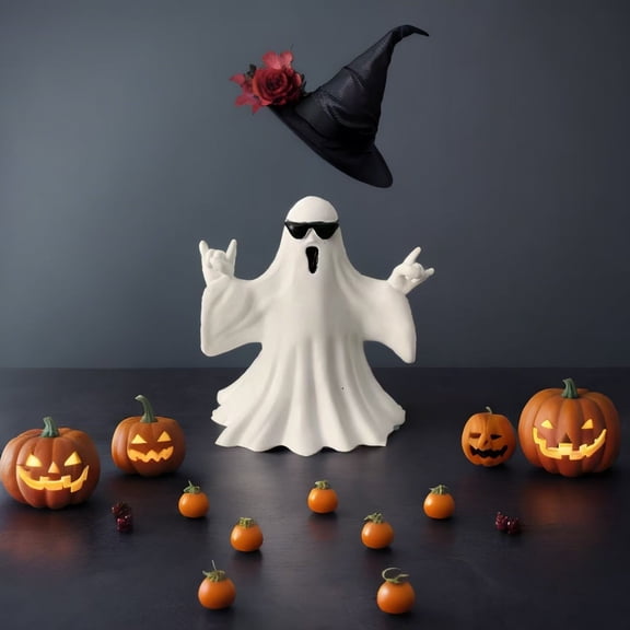 Halloween Decorations Ghost Figurine, Novelty Resin Ghost With Sunglasses and Gesture Pose, Sturdy Collectible for Bookshelf TV Cabinet Or Desk, Unique Spooky Home Decor