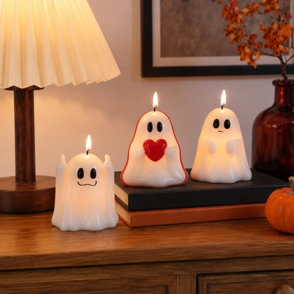 Halloween Decorations Ghost Flameless Candle Set – 3 Styles 12cm Mini Ghost Shape Light Ornament – Warm Ambient Centerpiece for Entryway Halloween Party Decorations