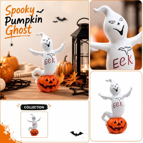 Halloween Decorations, Ghost Halloween Decor, Spooky Halloween Decorations, Indoor Halloween Decorations, Eek Pattern White Ghost Figurine with Carved Orange Pumpkin Base for