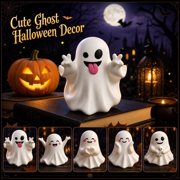 Halloween Decorations, Ghost Halloween Decorations, Cute Ghost Decor, Mini Ghost Figurine, 2.5X2.5 Inch Small White Ghost Statue Making Heart Gesture, Adorable Porcelain Style
