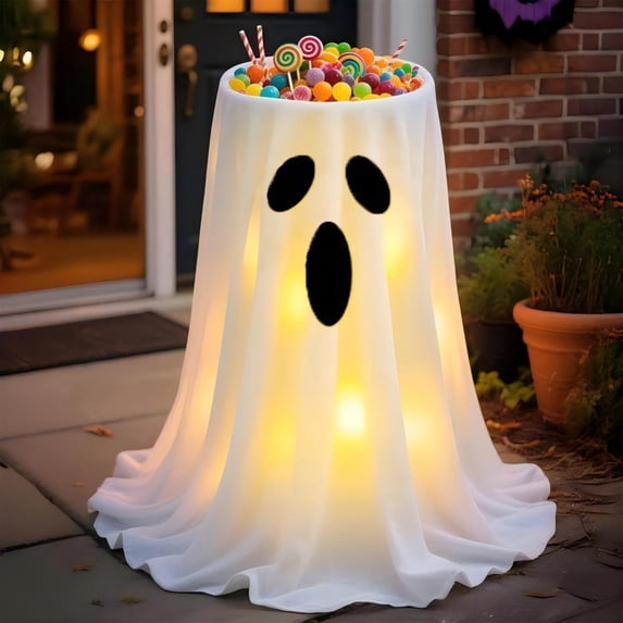 Halloween Decorations Ghost Light Up Candy Bowl Holder, Battery Operated Ghost Candy Container, Halloween Tabletop Decor, Party Entryway Display Accent
