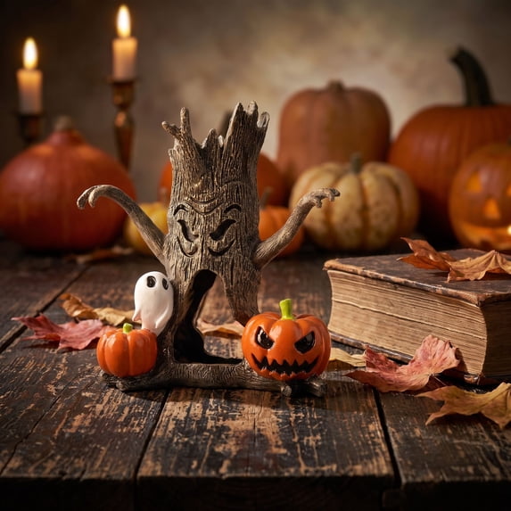 Halloween Decorations Ghost Pumpkin Tree Stump Ornament, Halloween Tabletop Decoration, Seasonal Home Display, Party Centerpiece, Holiday Decorative Accent