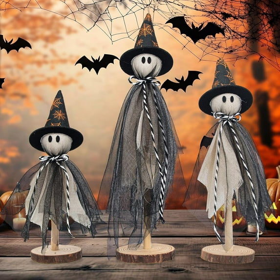 Halloween Decorations Ghost Shelf Sitters – Set of 3 Wooden Halloween decor with Witch Hats – Fabric Ghost Figures with Spiderweb Design – Table Decor for Tiered Tray, Mantel, Party Supplies(Black)