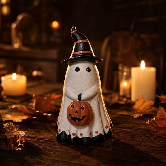 Halloween Decorations Ghost Statues,Ceramic Ghost Decor,Ghost Figurine,Halloween Ghosts Wearing Hats and Holding Pumpkin Statue