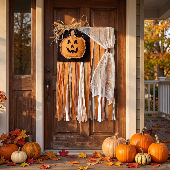 Halloween Decorations Ghost Wall Hanging Flag Banner, Ghost Bat Pumpkin Woven Rag Flag, Ribbon Flags Wall Hanging Banner, Handmade Lace Banners Decor for Outside Door Window