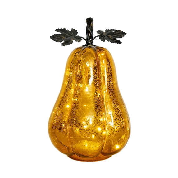Halloween Decorations Glass Pumpkin Lamp LED Night Light Glowing Ornament for Home Mantel Shelf Tabletop Decor Ambience Lighting 1PC Gold