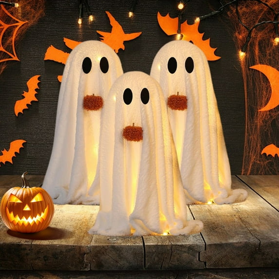 Halloween Decorations - Glowing Sherpa Ghost with Pumpkin Halloween Decorations Indoor Cute Spooky Tabletop Decorations for Party Home Kitchen and Fireplace (3 pack)