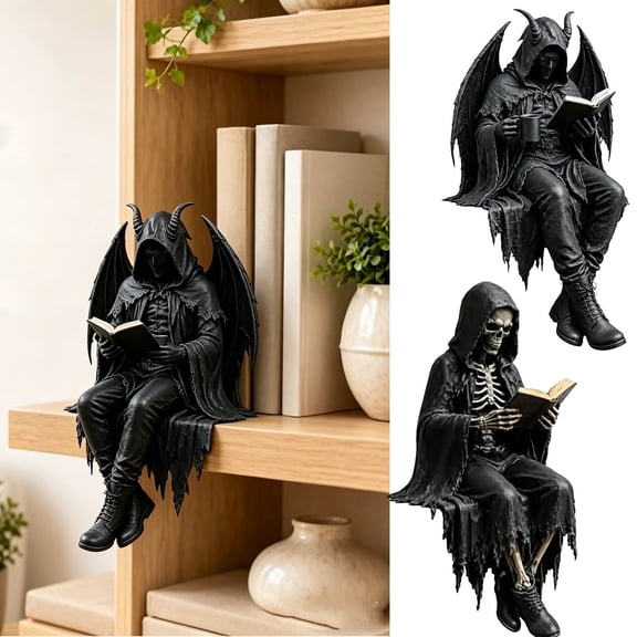 Halloween Decorations Gothic Hooded Reader Sitter Figures 2 Style Resin Dark Fantasy Statues with Books for Mantel Bookshelf Tabletop Fall Decor