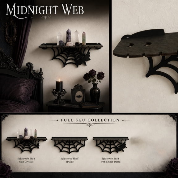 Halloween Decorations – Gothic Spiderweb Wall Shelf, Black Wooden Floating Display Rack for Crystals & Candles, 11.81" x 4.9", 1-Pack C