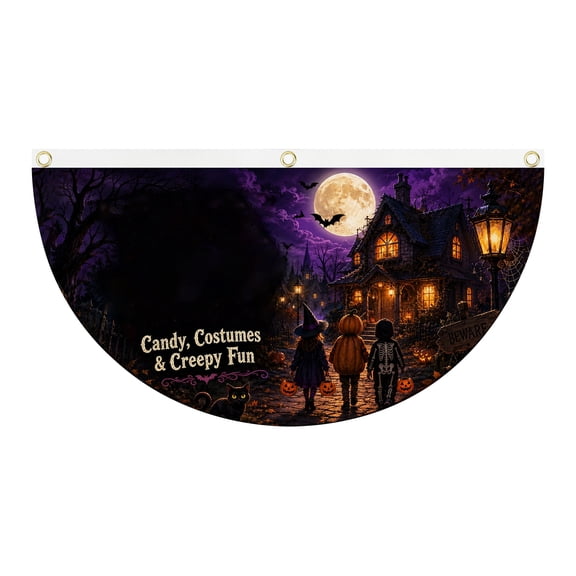 Halloween Decorations-Halloween Bunting Fan Flag Halloween Bunting Flag Pumpkin Skeleton Witch Half Fan Banner Decor for Halloween Indoor Outdoor House Holiday Yard Decorations Party Props