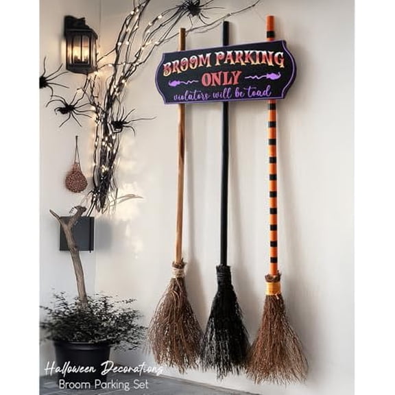 Halloween Decorations - Halloween Decor - Broom Parking Sign with 3 Wooden Witches Brooms - Cute Hocus Pocus Front Porch Wall Decor for Indoor Outdoor Home Office Party Decoration$$Garden & Patio