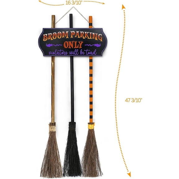 Halloween Decorations - Halloween Decor - Broom Parking Sign with 3 Wooden Witches Brooms - Cute Hocus Pocus Front Porch Wall Decor for Indoor Outdoor Home Office Party Decoration