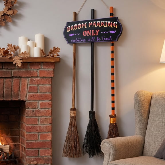 Halloween Decorations - Halloween Decor - Broom Parking Sign with 3 Wooden Witches Brooms - Cute Hocus Pocus Front Porch Wall Decor for Indoor Outdoor Home Office Party Decor Favors