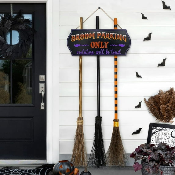 Halloween Decorations - Halloween Decor - Broom Parking Sign with 3 Wooden Witches Brooms - Hocus Pocus Cute Decoration for Front Porch Wall Decor Home Office Indoor