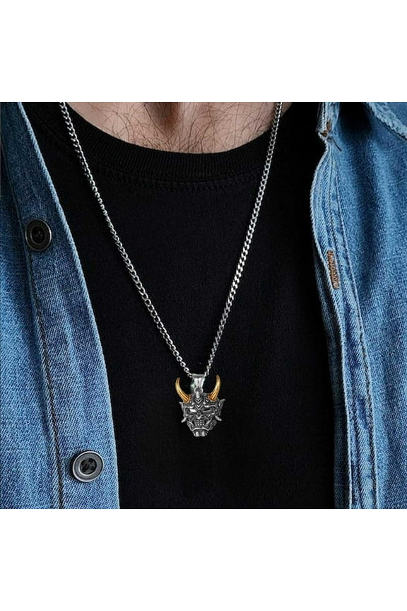 Halloween Decorations,Halloween Decorations Outdoor ,Ghost Mask Necklace,Gothic Mask Necklace for Men ,Mens Gothic Punk Pendant, Stainless Steel Silver Evil Demon Horn Jewelry Necklaces