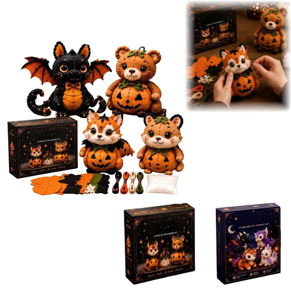 Halloween Decorations,Halloween Friends 4 Piece DIY Patchwork Kit Collection,Pre-Cut Felt Stuffed Doll Making Sewing Kit,Easy Handmade Craft Supplies for Craft Lovers Holiday Present(A)