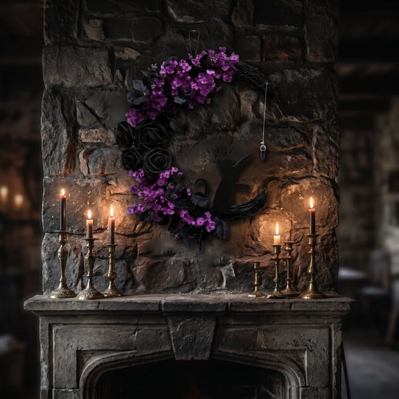 Halloween Decorations,Halloween，Halloween Crescent Wreath With Purple Hydrangea Black Rose Gothic Front Door Wreath Spooky Hanging Decor